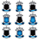 Set of silvery heraldic 3d glossy icons with curvy ribbons, best