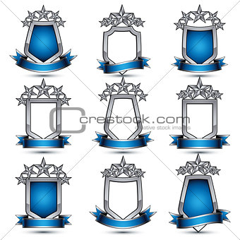 Set of silvery heraldic 3d glossy icons with curvy ribbons, best
