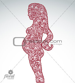 Illustration of a young beautiful pregnant woman. Flower-pattern