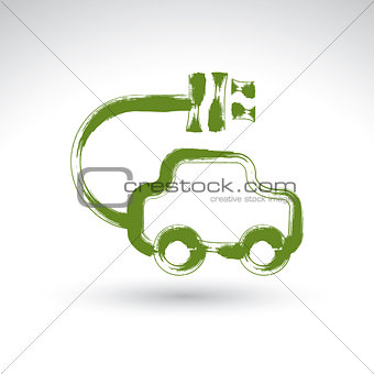 Hand drawn green eco car icon, illustrated brush drawing electri