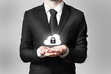 businessman serving gesture cloud security symbol