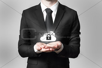businessman serving gesture cloud security symbol