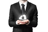 businessman serving gesture cloud security