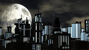 Night Futuristic City with Big Moon