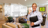 Woman with Okay Sign Over Custom Room and Design Drawing