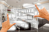Hands Framing Custom Kitchen Design Drawing and Photo Combinatio
