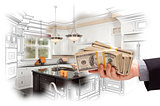 Hand Holding Cash Over Kitchen Design Drawing and Photo Combinat
