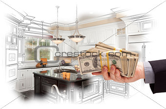 Hand Holding Cash Over Kitchen Design Drawing and Photo Combinat