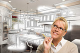 Woman With Pencil Over Custom Kitchen Design Drawing and Photo