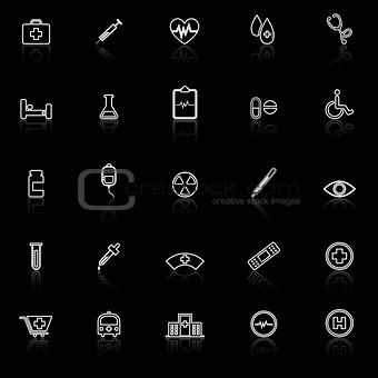 Medical line icons with reflect on black background
