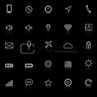 Mobile phone line icons with reflect on black background