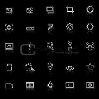 Photography line icons with reflect on black background