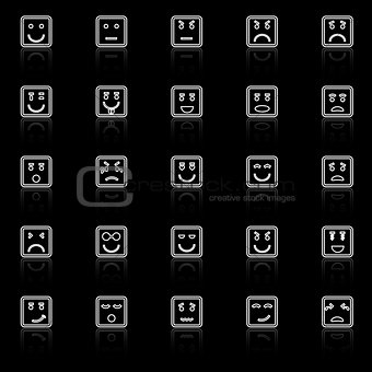 Square face line icons with reflect on black background