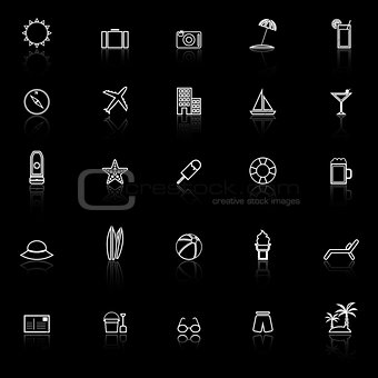 Summer line icons with reflect on black background