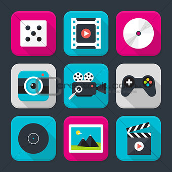 Multimedia, audio and video themed squared app icon set