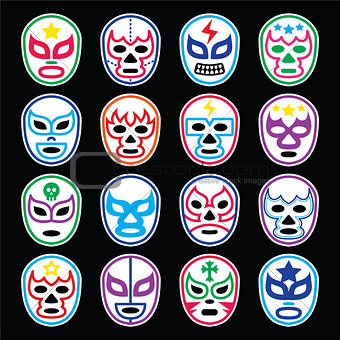 Lucha Libre Mexican wrestling masks icons on black