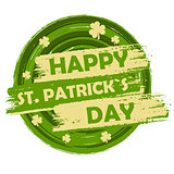 happy St. Patrick's day with shamrock signs, green round drawn b