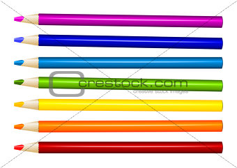 Seven color pencils in arrange in color row on white background