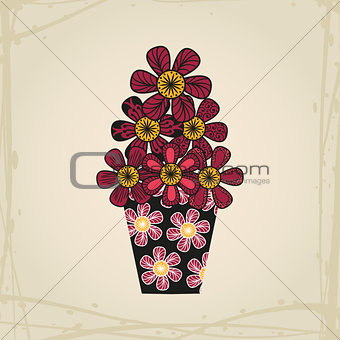 Doodle flowers in tattoo style and black vase