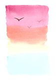 Watercolor background, landscape with sea, sunset and seagulls