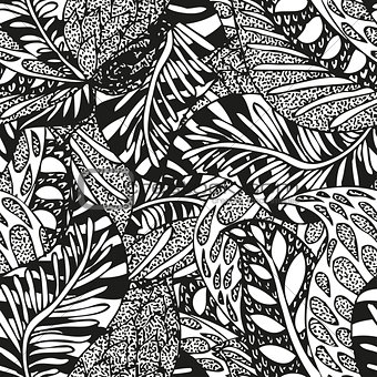 Doodling hand drawn seamless background with feathers