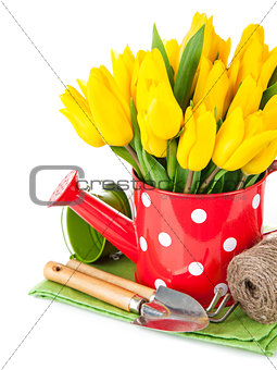 Spring flowers tulip with garden tools