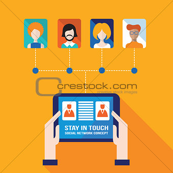 Businessman hand touching the tablet screen with web icons Stay in touch social network and e-commerce successful business concept