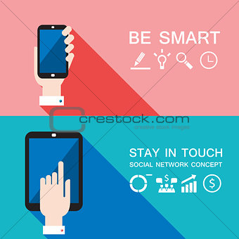 Hand holding smart phone and tablet Modern flat design