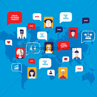 Social network concept People avatars with speech bubbles business icons for web on world map background