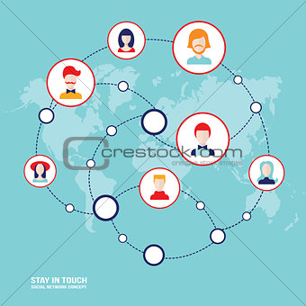 Social network concept People avatars on world map background