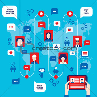 Businessman hands holding the tablet with web icons on world map background Social network concept