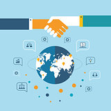 Handshake and icons for web on world map background Successful business concept