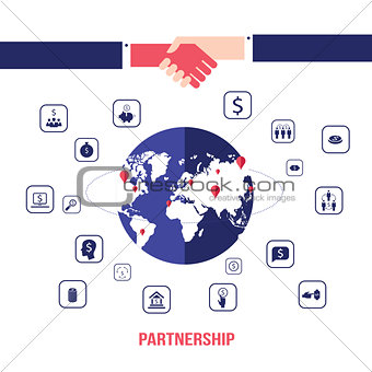 Handshake and icons for web on world map background Successful business concept