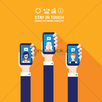 Hand holding smart phone Social network and communication concept