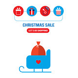 Christmas sleigh with presents and gift box icons