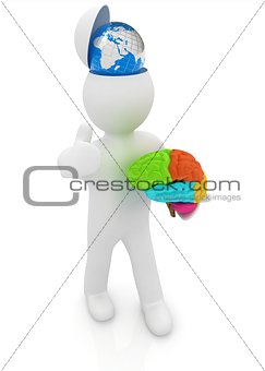 3d people - man with half head, brain and trumb up. Traveling co