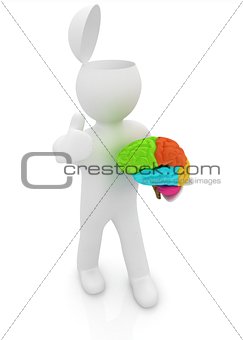 3d people - man with half head, brain and trumb up. 