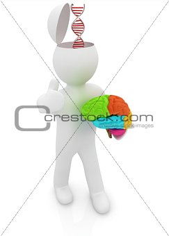 3d people - man with half head, brain and trumb up. Medical conc