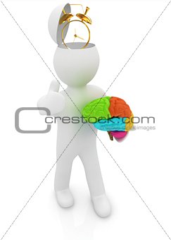 3d people - man with half head, brain and trumb up. Time concept