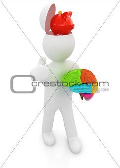 3d people - man with half head, brain and trumb up. Saving conce