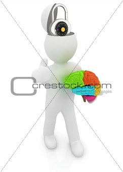 3d people - man with half head, brain and trumb up. The concept 