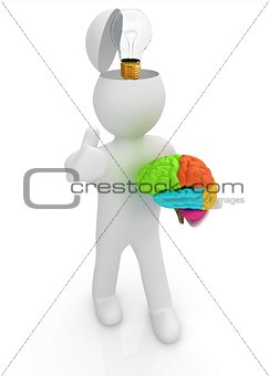 3d people - man with half head, brain and trumb up. Idea concept