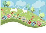Meadow with easter eggs and rabbits