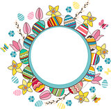 Bright frame with easter eggs and spring flowers
