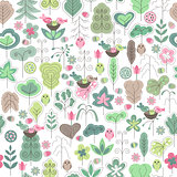 Seamless pattern with stylized trees and birds