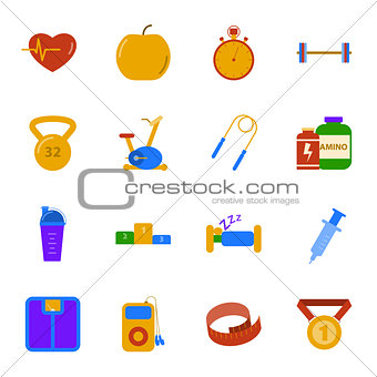 Fitness and gym flat icons set