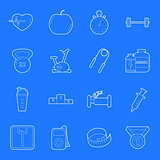Fitness and gym thin lines icons set