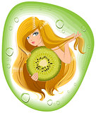 Girl with long hair holds an kiwi fruit. Template label for packing shampoo