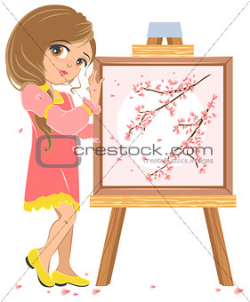 Girl standing near easel painter. Picture of cherry blossoms