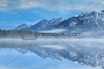 Karwendel mountains reflected in Barmsee lake